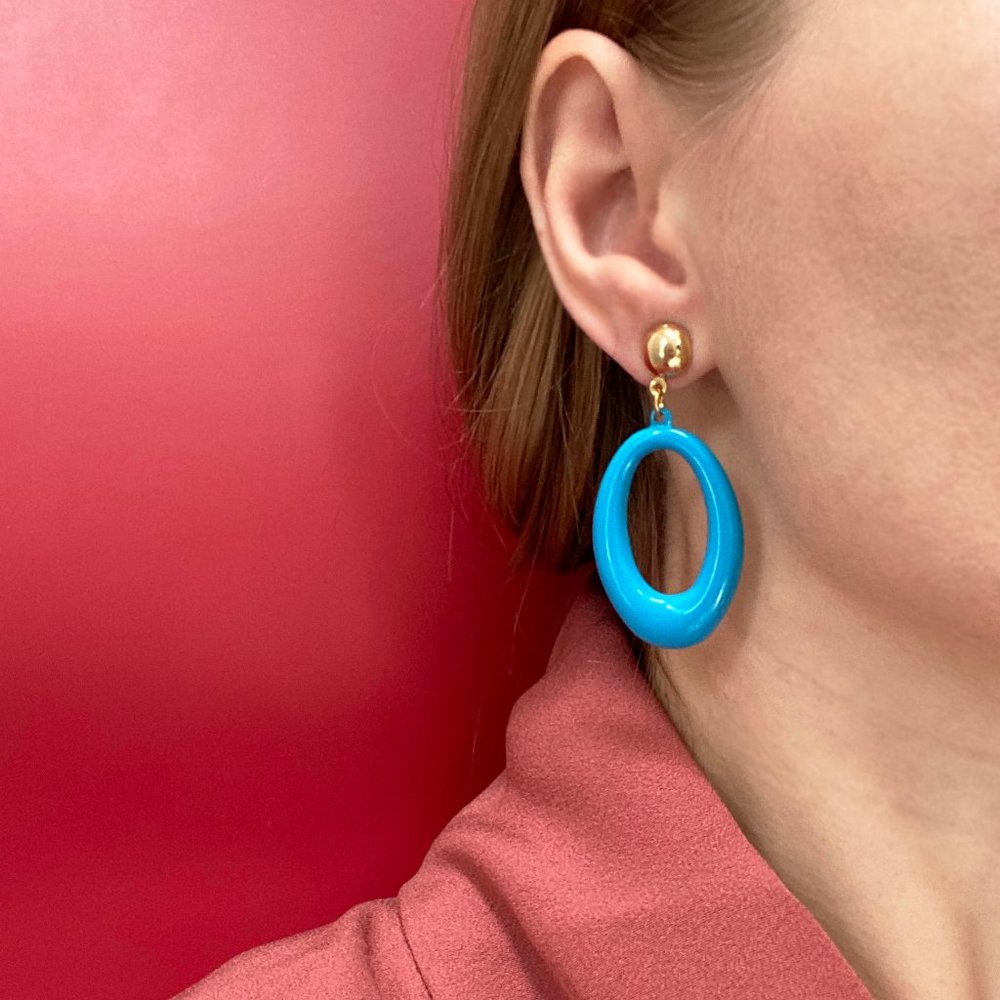 Large circle dangle earrings, retro blue oval studs, statement summer jewelry